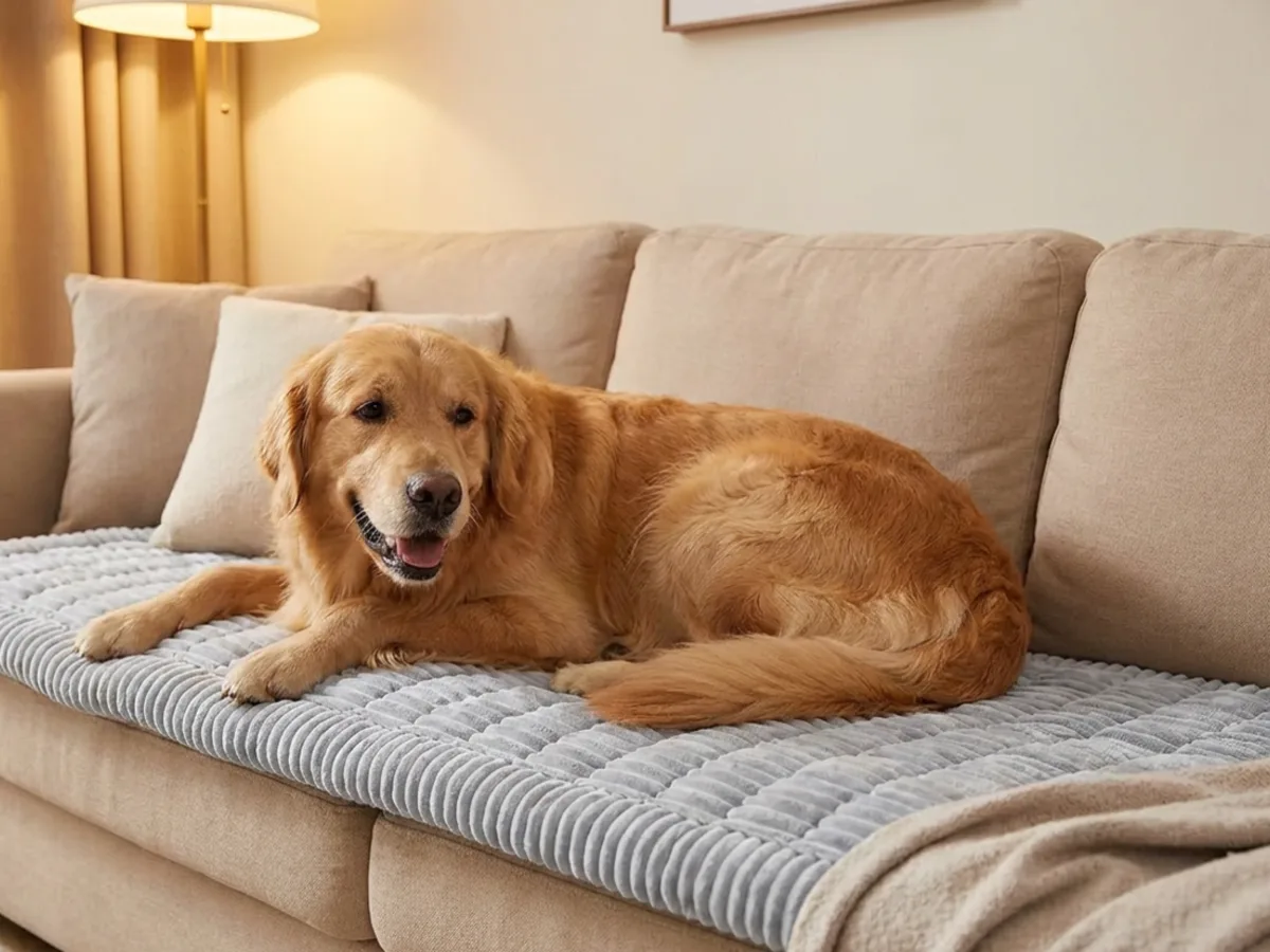 Golden retriever lounging on the light-grey ribbed mat protecting a beige sofa at home