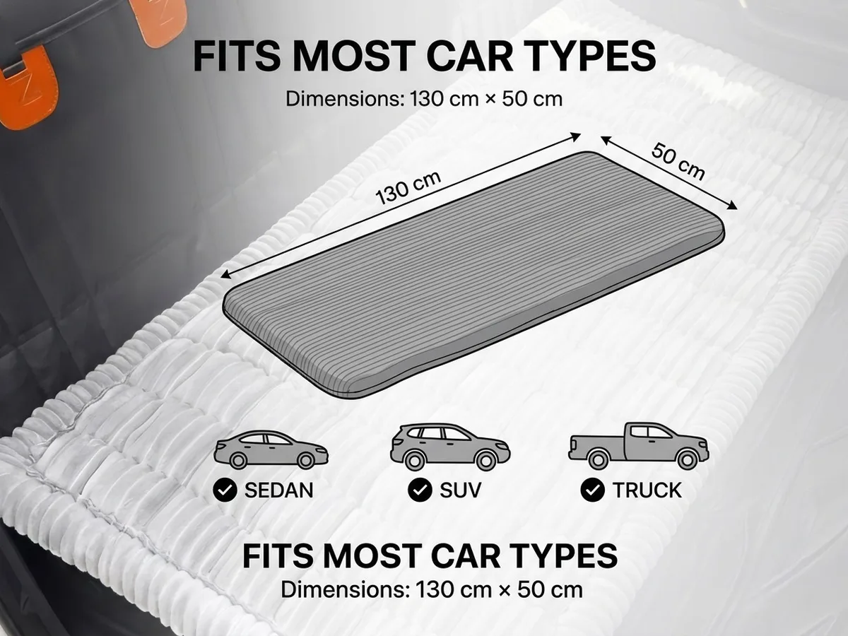 Overhead view of the mat spanning the entire rear seat with 130 cm by 50 cm dimension overlays
