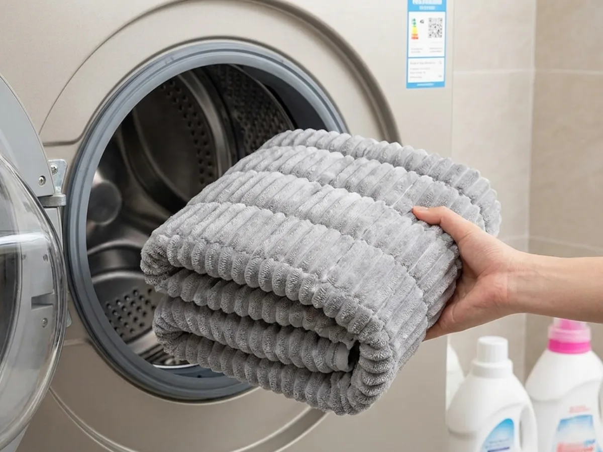 Light-grey ribbed mat being taken out of a front-loading washing machine