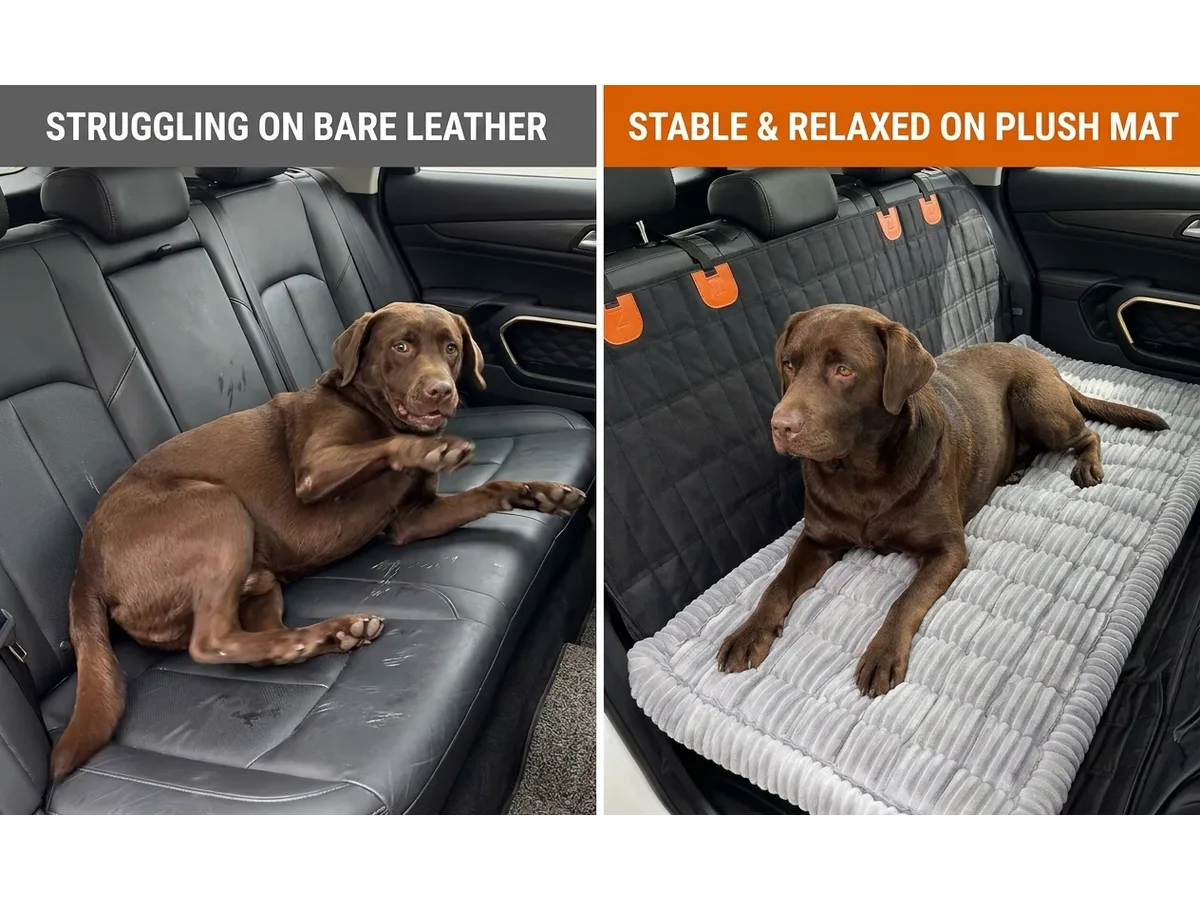 Side-by-side comparison of a dog struggling on bare leather versus stable and relaxed on the anti-slip plush mat